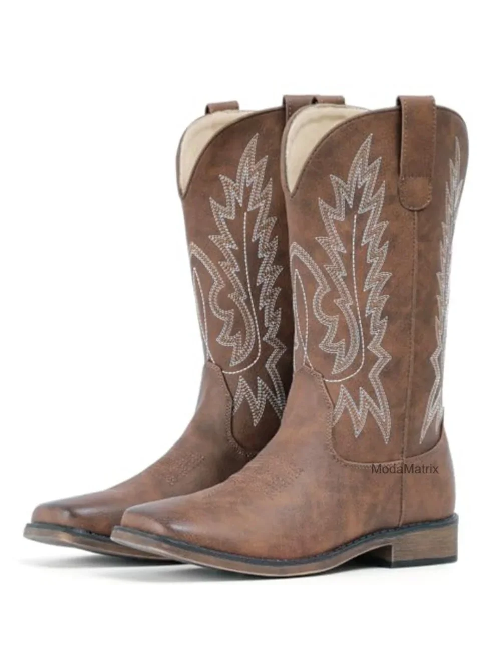 Embroidered Square Toe Western Boots Faux Leather Mid Calf
